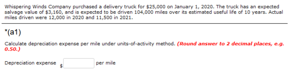 Whispering Winds Company purchased a delivery truck for $25,000 on January 1, 2020. The truck has an expected salvage value o