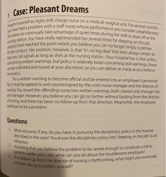 Case: Pleasant Dreams self as night-shift charge nurse on a medical-surgical Imagine yourself as night. on a medical-surgical