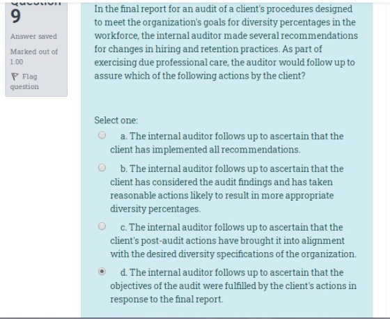 YUVUSIVIT Answer saved In the final report for an audit of a clients procedures designed to meet the organizations goals fo