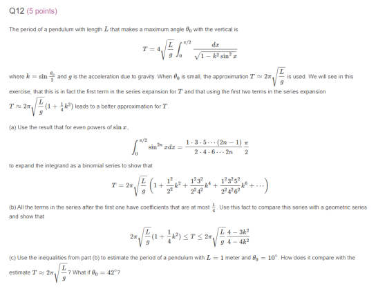 Q12 (5 points) The period of a pendulum with length L that makes a maximum angle Bo with the vertical is 1/2 dc T= T=4 9 11 -