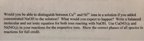 Would you be able to distinguish between Cu2+ and Ni2+ ions in a solution if you added concentrated NaOH to the solution? Wha