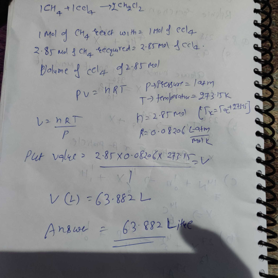 2.85 Ml & CH 4 recquired a 2-85 mol of cole. ICH tleel Chacla I Mol of CH4 react with a l Mol of cela 3 odmun suo PuzhRT Bolu