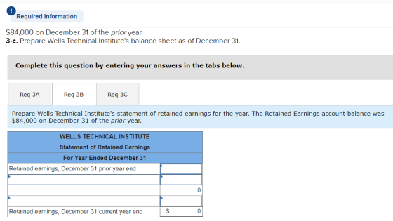 Required information $84,000 on December 31 of the prior year. 3-c. Prepare Wells Technical Institutes balance sheet as of D