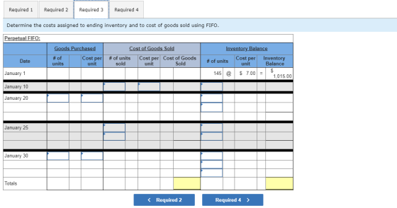 Required 1 Required 2 Required 3 Required 4 Determine the costs assigned to ending inventory and to cost of goods sold using