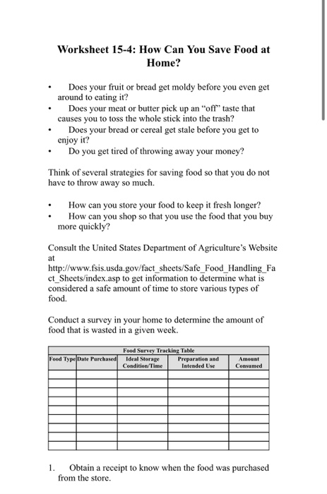 Worksheet 15-4: How Can You Save Food at Home? • • Does your fruit or bread get moldy before you even get around to cating it