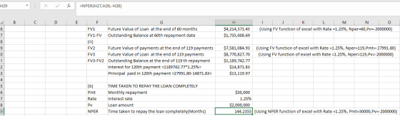 H29 X fx =NPER(H27,H26,-H28) в с D E H $4,214,371.45 $1,735,008.69 I J K L M N O (Using FV function of excel with Rate = 1.25