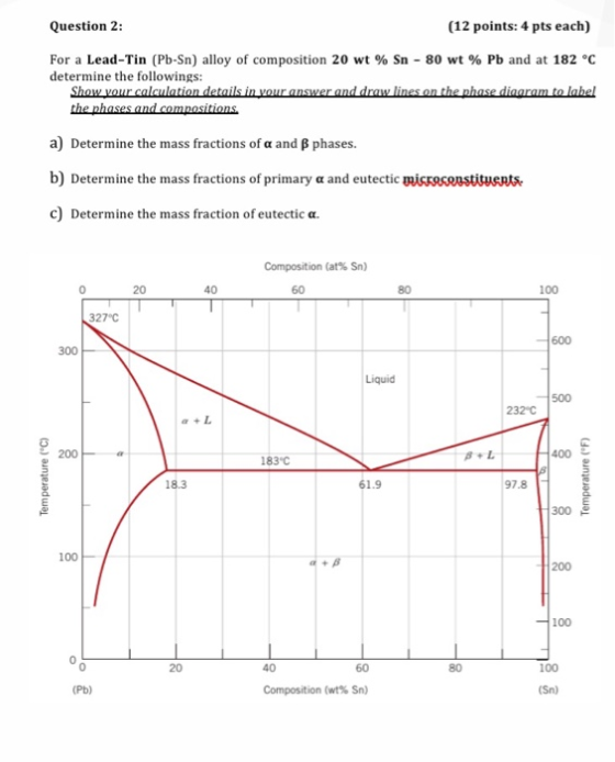 Question 2: (12 points: 4 pts each) For a Lead-Tin (Pb-Sn) alloy of composition 20 wt% Sn - 80 wt% Pb and at 182 °C determine