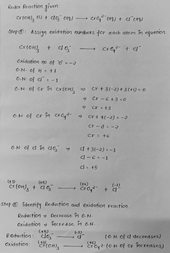 Redox Reaction given crion), (s) + coz (99) – crop eaq) + crear Step O: Assign oxidation numbers for each atom in equation. c