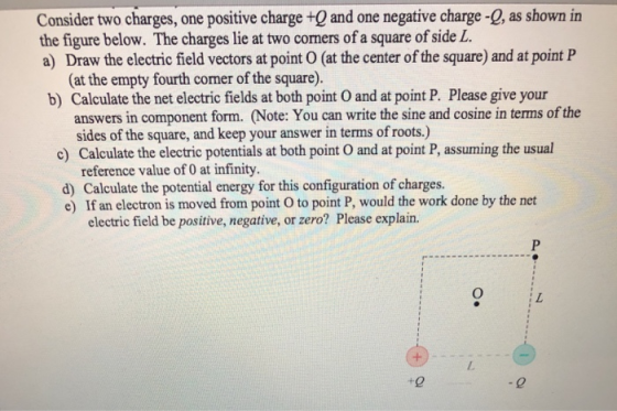 Consider two charges, one positive charge +0 and one negative charge -0, as shown in the figure below. The charges lie at two