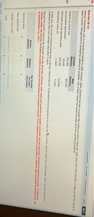 ES CALCLATOR PL SCREN PHINTER VERSE BACK NEXT Exercise 20-14 Johnson Enterprises uses a computer to handle its sales invoices