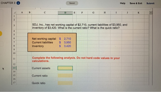 CHAPTER 3 Saved Help Save & Exit Submit SDJ, Inc., has net working capital of $2,710, current liabilities of $3,950, and inve