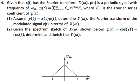 4. Given that x(t) has the Fourier transform X(a), p(t) is a periodic signal with frequency of ??. p(t)-??--o nejnaot, where Cn is the Fourier series coefficient of p) (1) Assume y(t)-x(t)p(t), determine Y(?), the Fourier transform of the modulated signal y(t) in terms of X(). (2) Given the spectrum sketch of x(?) shown below, p(t)-cos(2t) cos(t), determine and sketch the Y() X(w) -1
