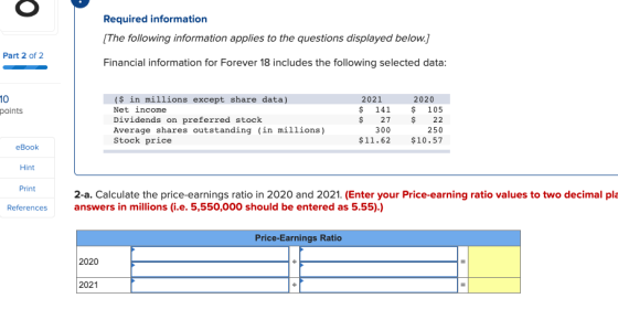 Required information (The following information applies to the questions displayed below.) Part 2 of 2 Financial information