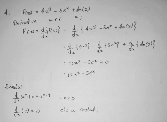 4. F(x) = 4x3 - 58² + ln (2) Derivative word. x; F 2) = $3F(2)} = {{4x3 - Set + len(27? = 4233 - 2 15.07 + d lin (21} = 12x²