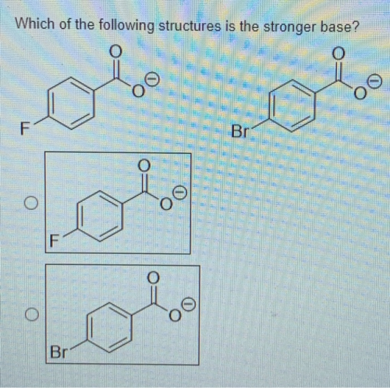 Which of the following structures is the stronger base? F Br O F O Br