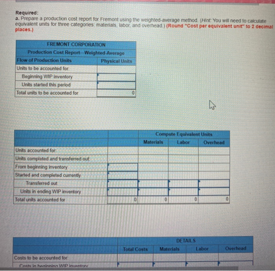 Required: a. Prepare a production cost report for Fremont using the weighted average method. (Hint: You will need to calculat