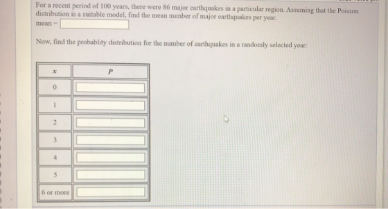 For a recent period of 100 years, there were 86 major earthquakes in a particular region. Assuming that the Poisson distribut