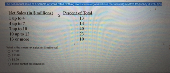 The net annual sales of a sample of small retail clothing stores were organized into the following relative frequency distributio I up to 4 4 up to 7 7 up to 10 10 up to 13 13 or more 13 14 40 23 10 What is the mean net sales (in $ millions)? O $709 O $10.09 $859 O Mean cannot be computed.