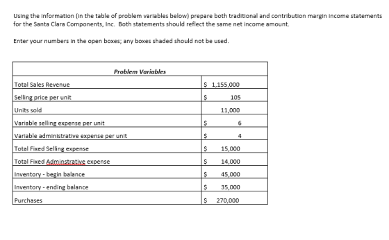 Using the information (in the table of problem variables below) prepare both traditional and contribution margin income state