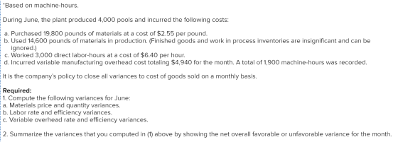 *Based on machine-hours. During June, the plant produced 4,000 pools and incurred the following costs: E a. Purchased 19,800