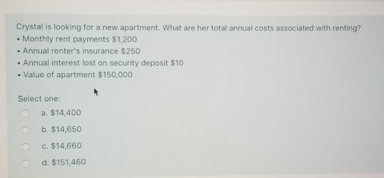 Crystal is looking for a new apartment. What are her total annual costs associated with renting? • Monthly rent payments $1,2