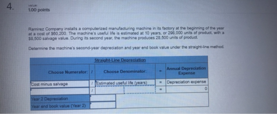 4. velue: 100 points Ramirez Company installs a computerized manufacturing machine in its factory at the beginning of the yea