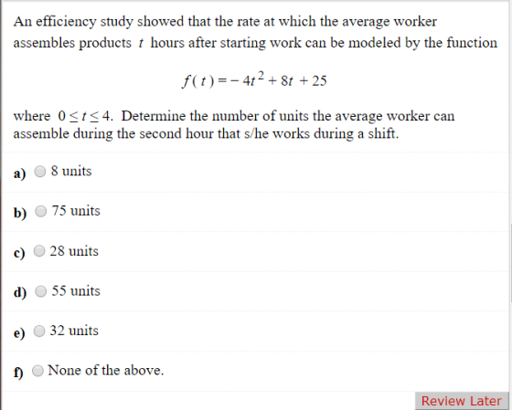 An efficiency study showed that the rate at which the average worker assembles products t hours after starting work can be mo