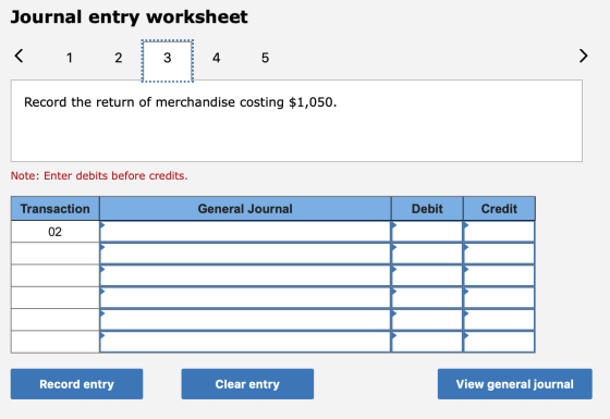 Journal entry worksheet < 1 2 3 4 5 Record the return of merchandise costing $1,050. Note: Enter debits before credits. Trans