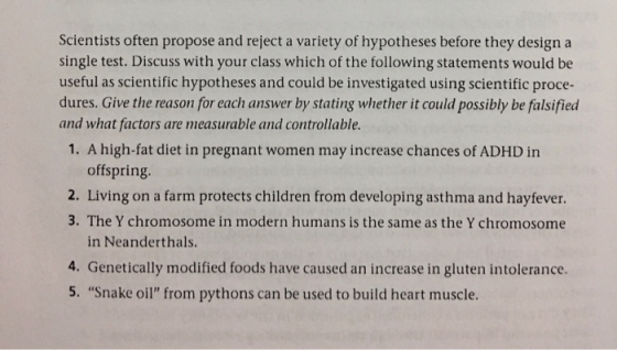 Scientists often propose and reject a variety of hypotheses before they design a single test. Discuss with your class which o