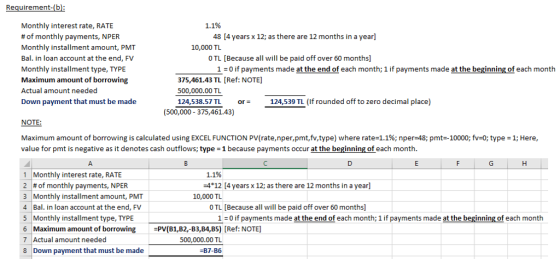 Requirement-(b 1.1% Monthly interest rate, RATE # of monthly payments, NPER Monthly installment amount, PMT Bal. in loan account at the end, FV Monthly installment type, TYPE Maximum amount of borrowing Actual amount needed Down payment that must be made 48 [4 years x 12; as there are 12 months in a year] 10,000 TL O TL [Because all will be paid off over 60 months] 1-0 if payments made at the end of each month; 1 if payments made at the beginning of each month 375,461.43 TL [Ref: NOTE] 500,000.00 TL 124,538.57 TL or= 124,539TL(if rounded off to zero decimal place) (500,000 - 375,461.43) NOTE: Maximum amount of borrowing is calculated using EXCEL FUNCTION PV(rate,nper,pmt,fv,type) where rate-1.1%; nper-48; pmt-10000; fv=0; type: 1; Here, value for pmt is negative as it denotes cash outflows; type 1 because payments occur at the beginning of each month. 1 Monthly interest rate, RATE 2 # of monthly payments, NPER 3 Monthly installment amount, PMT 4 Bal. in loan account at the end, FV 5 Monthly installment type, TYPE 6 Maximum amount of borrowing PV(B1,B2,-B3,B4,B5) [Ref: NOTE] 7Actual amount needed 8 Down payment that must be made 1.1% 4 12 [4 years x 12; as there are 12 months in a yearl 10,000 TL O TL [Because all will be paid off over 60 months] 1 0 if payments made at the end of each month; 1 if payments made at the beginning of each month 500,000.00 TL -B7-B6