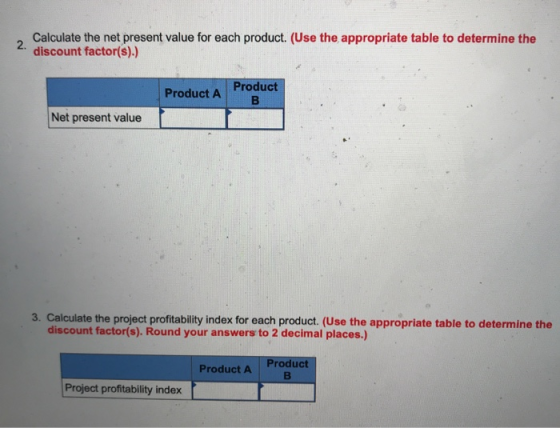 Calculate the net present value for each product. (Use the appropriate table to determine the 2. discount factor(s).) Product