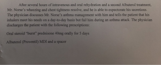 After several hours of intravenous and oral rehydration and a second Albuterol treatment, Mr. Norses wheezing and chest tigh