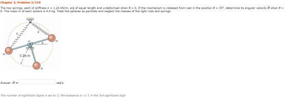 Chapter 3, Problem 3/119 The two springs, each of stiffness k = 1.24 kN/m, are of equal length and undeformed when 0 = 0. If