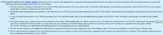 5 18. General Capital Assets 5 Make all recessary entries in the appropriate govermen al fund 뜬eneral Journal and the govellnent wide gover nental activities general Journal for each ofthe following transactions entered into by the City of Loveland. . The city received a donation ofland that is to be used by Parks and Recreation to develop a public park. At the time of the donation, the land had an acquisition value of $5,200,000 and was recorded on the donors books at a historical cost of $4,500.000 2. The Public Works Department sold machinery with a historical cost of S35,100 and accumulated depreciation of S28,700 for $6,000. The machinery had originally been purchased with special revenue 3. A car was leased for the mayors use. The first payment was $1,000 and the present value of the remaining lease payments was S29,000. (Note: The initial cash payment was made by the General Fund.) 4. During the current year, a capital projects fund completed a new public safety building that was started in the prior year. The total cost of the project was S9,720,000. Financing for the project Page 206 came from a S9,000,000 bond issue that was sold in the prior year and fro a $720,000 federal capital grant received in the current year. Current-year expenditures for the project totaled $1,176,000. The full cost is attributed to the building because it was constructed on city-owned property. 5. The city records a half year of straight-line depreciation on capital assets placed in service during the year. The building in item 4 above has an estimated 30-year life and no salvage value. 6. Due to technological developments, the city determined that the service capacity of some of the technology equipment used by general govement had been impaired. The calculated impairment loss due to technology obsolescence was S1,156.000.
