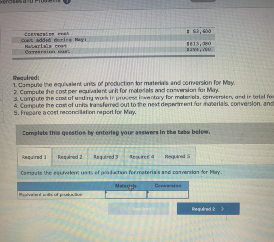 xercises and $ 53,600 Conversion cost Cost added during May: Materials cost Conversion cost $613,080 $294,700 Required: 1. Co