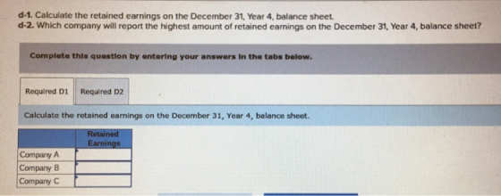 d-1. Calculate the retained earnings on the December 31, Year 4, balance sheet. d-2. Which company will report the highest am