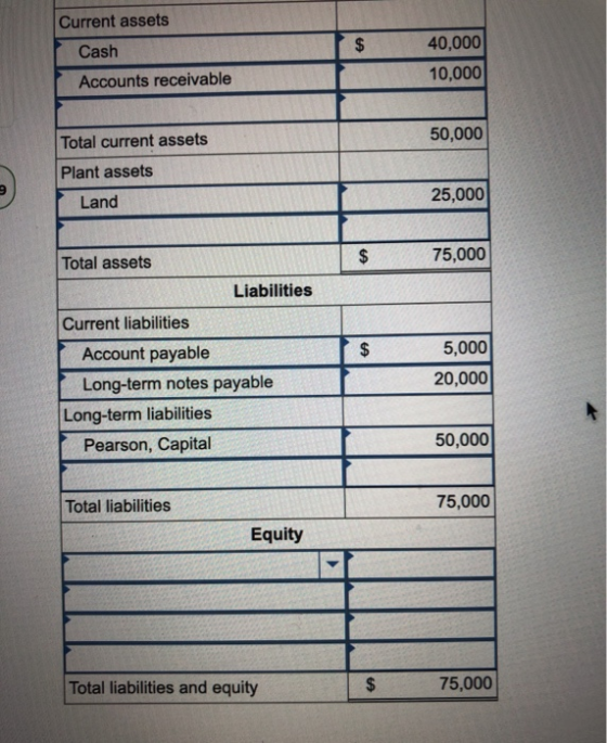 $ Current assets Cash Accounts receivable 40,000 10,000 Total current assets 50,000 Plant assets Land 25,000 Total assets $ $