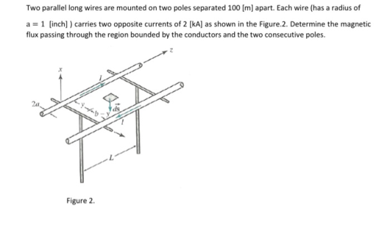 Two parallel long wires are mounted on two poles separated 100 (m) apart. Each wire (has a radius of a = 1 [inch]) carries tw