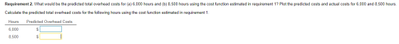Requirement 2. What would be the predicted total overhead costs for (a) 6,000 hours and (b) 8,500 hours using the cost functi