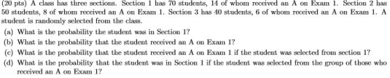 (20 pts) A class has three sections. Section has 70 students, 14 of whom received an A on Exam 1. Section 2 has 50 students, 8 of whom received an A on Exam 1. Section 3 has 40 students, 6 of whom received an A on Exam 1. A student is randomly selected from the class. (a) What is the probability the student was in Section 1? (b) What is the probability that the student received an A on Exam 1? (c) What is the probability that the student received an A on Exan 1 if the student was selected from section 1 (d) What is the probability that the student was in Section 1 if the student was selected from the group of those who received an A on Exam 1?