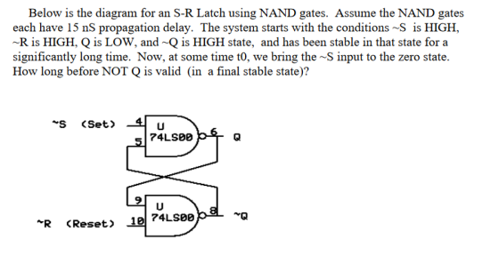 Below is the diagram for an S-R Latch using NAND gates. Assume the NAND gates each have 15 nS propagation delay. The system s