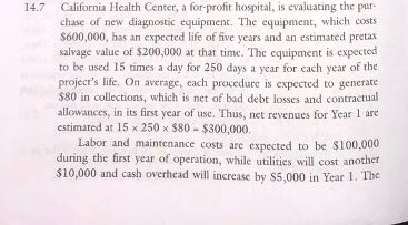 14.7 California Health Center, a for-profit hospital, is evaluating the pur- chase of new diagnostic equipment. The equipment