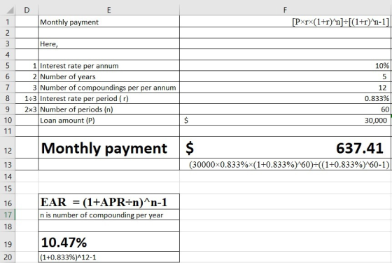 Monthly payment [Pxrx(1+r)^n]÷[(1+r)^n-1] 2 3 Here, 4 1 Interest rate per annum 10% 2 Number of years 3 Number of compounding