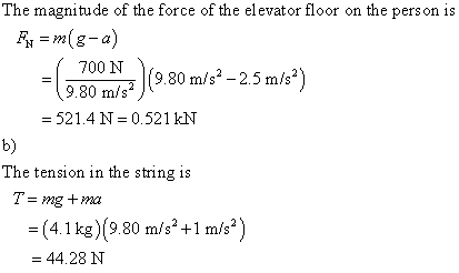 The magnitude of the force of the elevator floor on the person is 700 N 9.80 m/s 980 / 90 m/s -25m/s- = 521.4 N= 0,521 kN b)