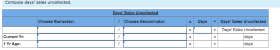 Compute days sales uncollected. Days Sales Uncollected Choose Numerator: 1 Choose Denominator: Days = Days Sales Uncollect