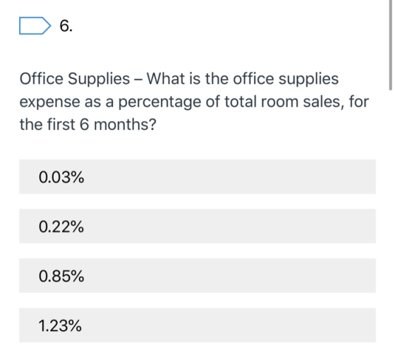 D 6. Office Supplies - What is the office supplies expense as a percentage of total room sales, for the first 6 months? 0.03%