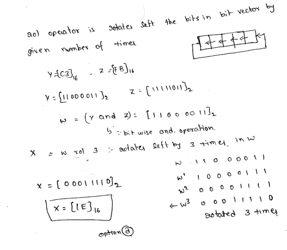 90) operator is rotates left the bits in bit vector by given number of times. tely Y4C33L , Z-LE B]16 V = [11000011), 2:[111