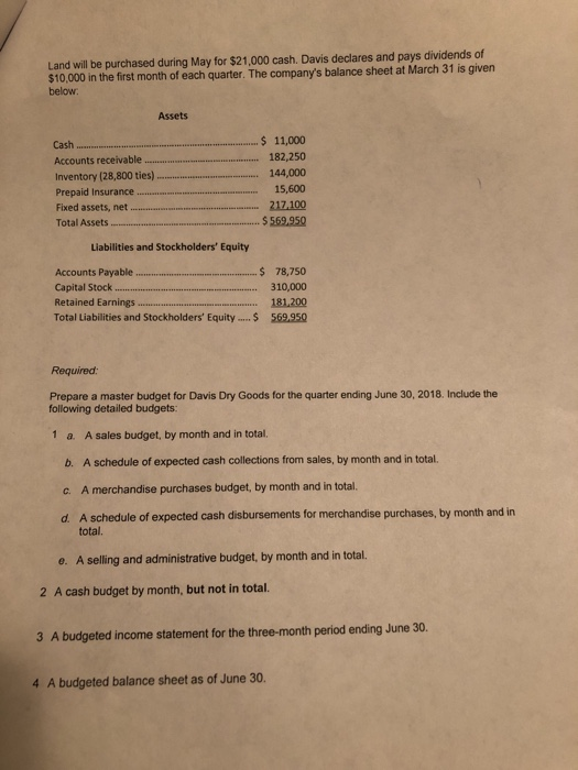Land will be purchased during May for $21.000 cash. Davis declares and pays dividends of $10,000 in the first month of each q