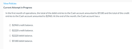 View Policies Current Attempt in Progress In the first month of operations, the total of the debit entries to the Cash accoun