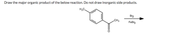 Draw the major organic product of the below reaction. Do not draw inorganic side products. H3C Br2 CH3 FeBr3